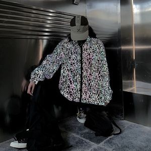 Male and female couples chaotic reflective coat